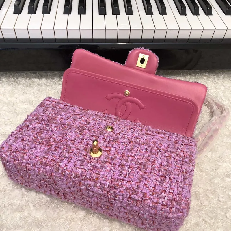 Chanel A01112 Kabelka s klopou Klasická taška Tweed Růžová