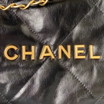 Chanel 22 Kabelka AS3261 Lesklá telecí kůže Zlatý kov Černé logo Zlatá