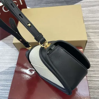 Gucci 815700 Gucci Blondie mini ramenní taška černá s béžovou bavlněnou lněnou plátnem