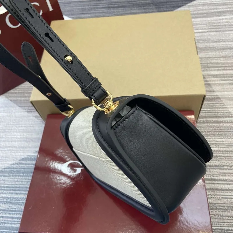 Gucci 815700 Gucci Blondie mini ramenní taška černá s béžovou bavlněnou lněnou plátnem