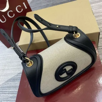 Gucci 815700 Gucci Blondie mini ramenní taška černá s béžovou bavlněnou lněnou plátnem