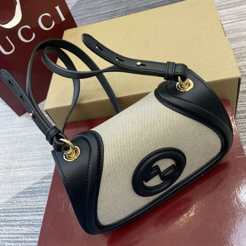 Gucci 815700 Gucci Blondie mini ramenní taška černá s béžovou bavlněnou lněnou plátnem