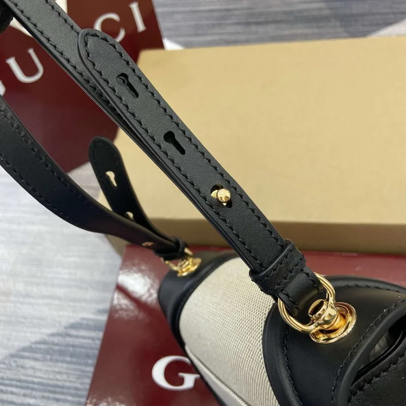 Gucci 815700 Gucci Blondie mini ramenní taška černá s béžovou bavlněnou lněnou plátnem