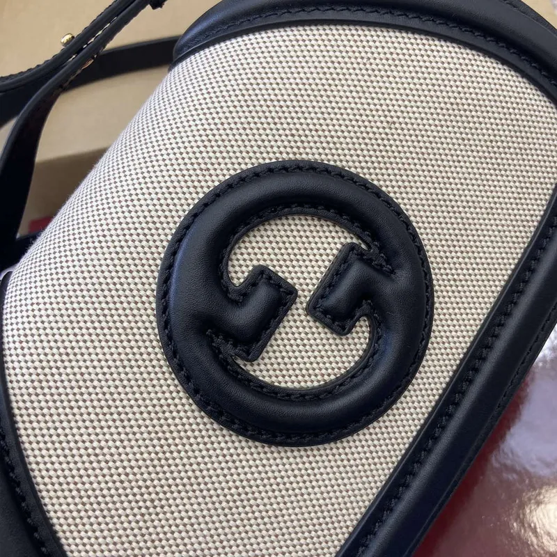Gucci 815700 Gucci Blondie mini ramenní taška černá s béžovou bavlněnou lněnou plátnem