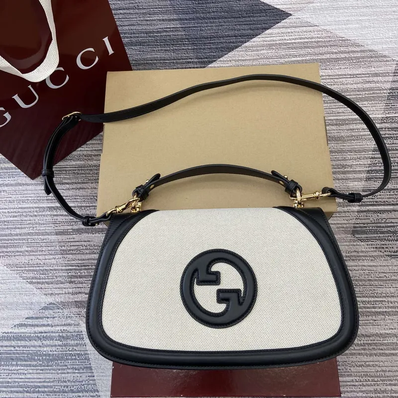 Gucci 815716 Gucci Blondie Medium taška s horním držadlem Černá& Béžová bavlněná lněná plátno