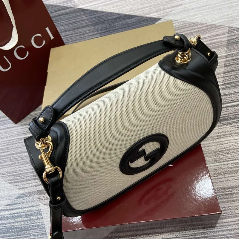 Gucci 815716 Gucci Blondie Medium taška s horním držadlem Černá& Béžová bavlněná lněná plátno