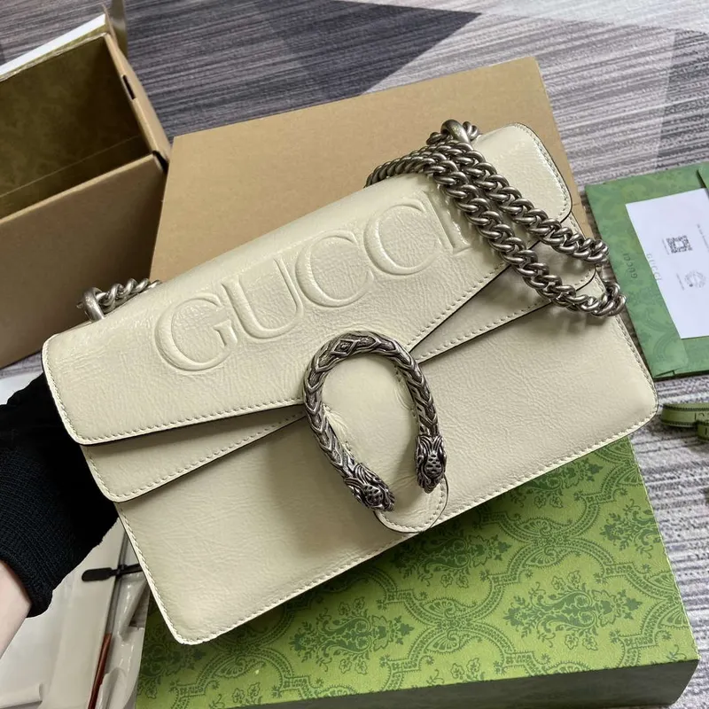 Gucci 795005 GG Dionysus malá kabelka přes rameno Světle šedá lakovaná kůže s logem