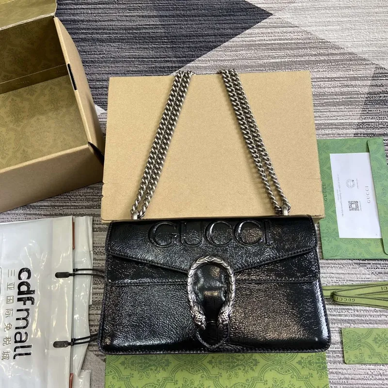 Gucci 795005 GG Dionysus malá kabelka přes rameno Černá lakovaná kůže s logem