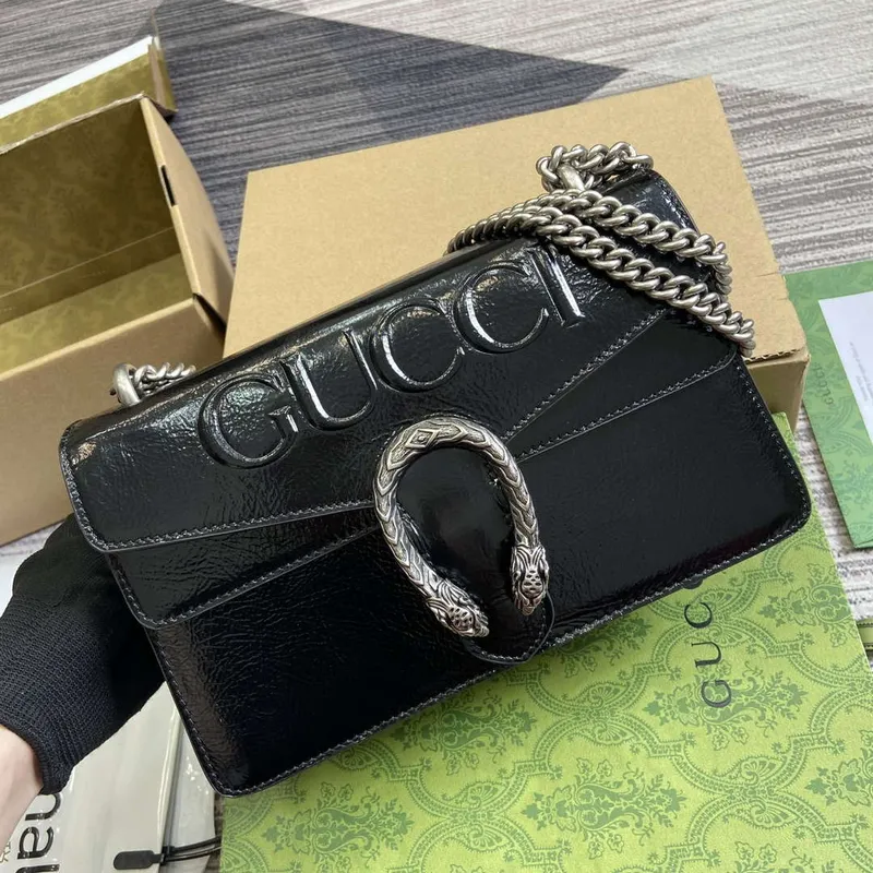 Gucci 795005 GG Dionysus malá kabelka přes rameno Černá lakovaná kůže s logem