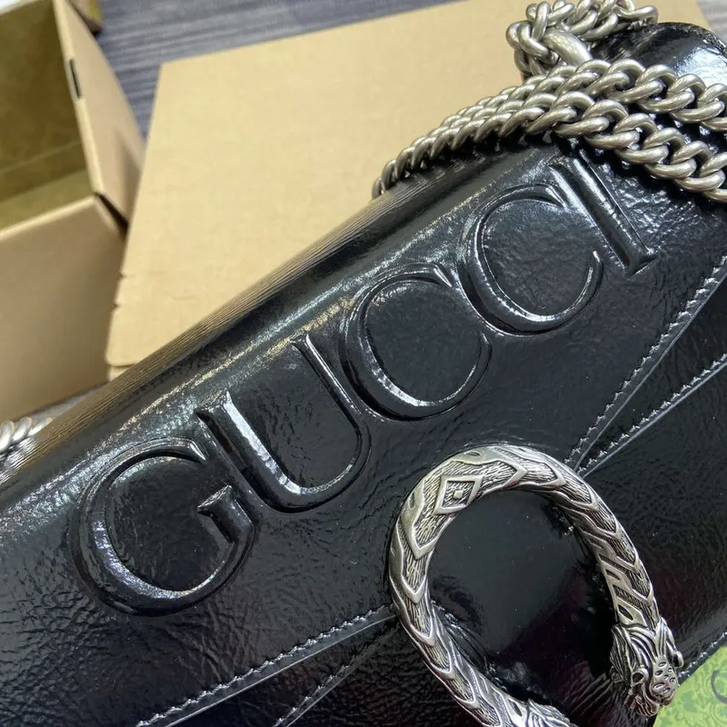 Gucci 795005 GG Dionysus malá kabelka přes rameno Černá lakovaná kůže s logem