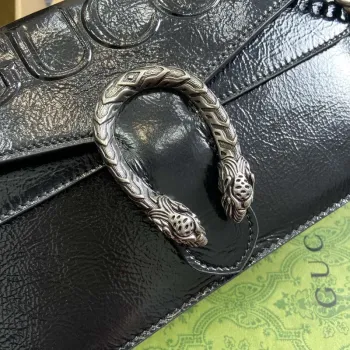 Gucci 795005 GG Dionysus malá kabelka přes rameno Černá lakovaná kůže s logem