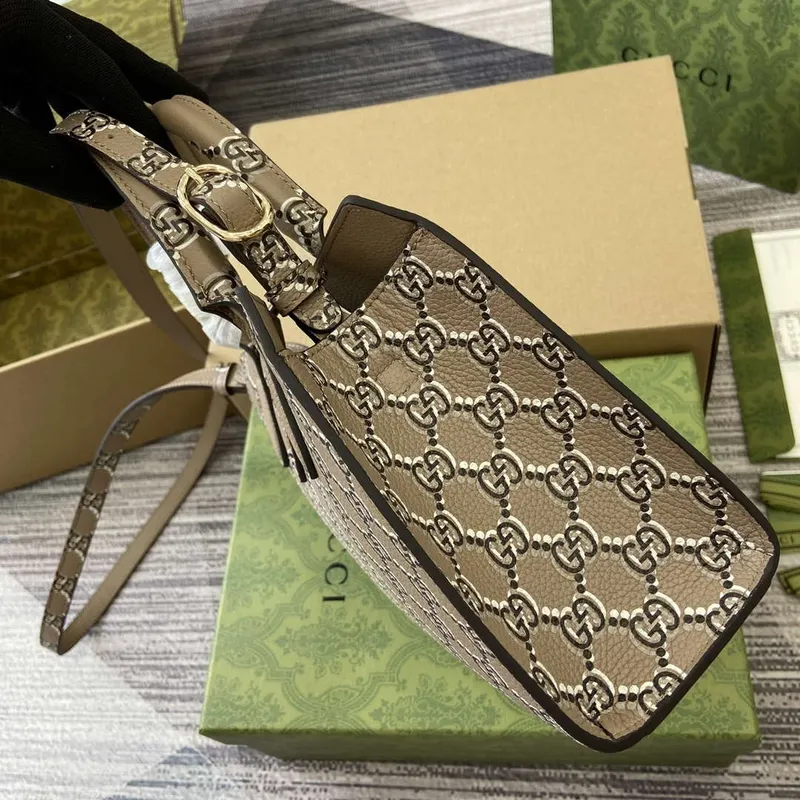 Gucci 795349 Malá taška přes rameno s uzávěrem na háček taupe a vícebarevná kůže