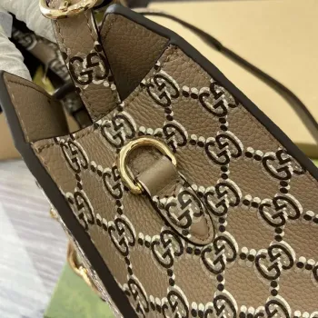 Gucci 795349 Malá taška přes rameno s uzávěrem na háček taupe a vícebarevná kůže