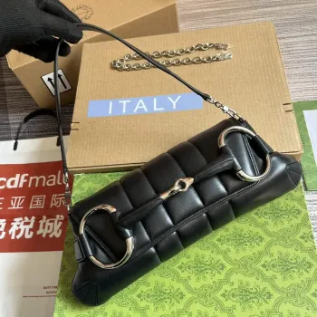 Gucci 764255 Gucci Horsebit Chain Ramenní Taška Černá Kůže
