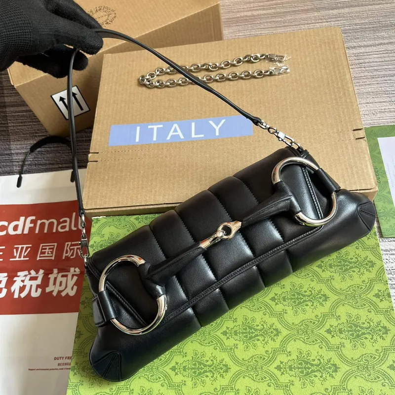Gucci 764255 Gucci Horsebit Chain Ramenní Taška Černá Kůže