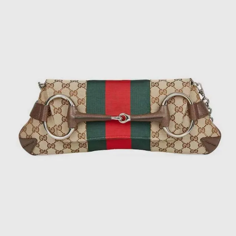 Gucci 764255 Gucci Horsebit Chain Shoulder Bag Béžová a Hnědá