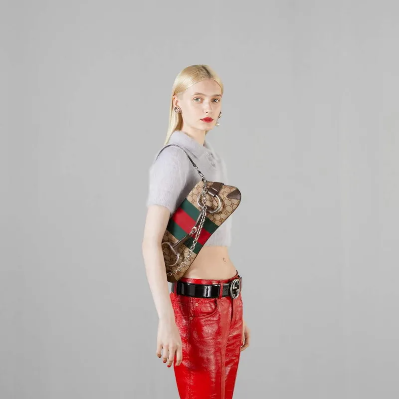 Gucci 764255 Gucci Horsebit Chain Shoulder Bag Béžová a Hnědá