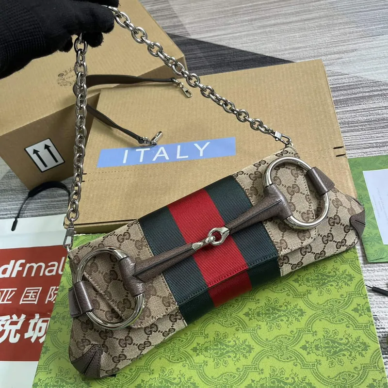 Gucci 764255 Gucci Horsebit Chain Shoulder Bag Béžová a Hnědá