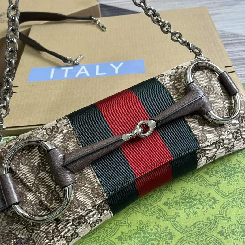 Gucci 764255 Gucci Horsebit Chain Shoulder Bag Béžová a Hnědá