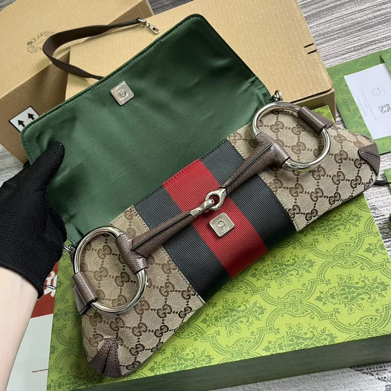 Gucci 764255 Gucci Horsebit Chain Shoulder Bag Béžová a Hnědá
