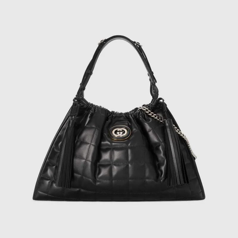 Gucci 746210 Gucci Deco Střední Tote Taška Černá Prošívaná Kůže