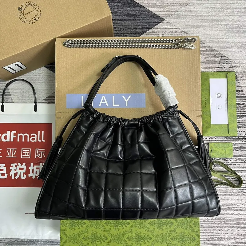 Gucci 746210 Gucci Deco Střední Tote Taška Černá Prošívaná Kůže