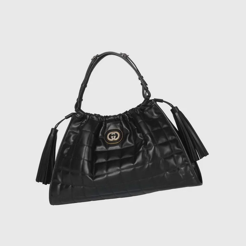Gucci 746210 Gucci Deco Střední Tote Taška Černá Prošívaná Kůže