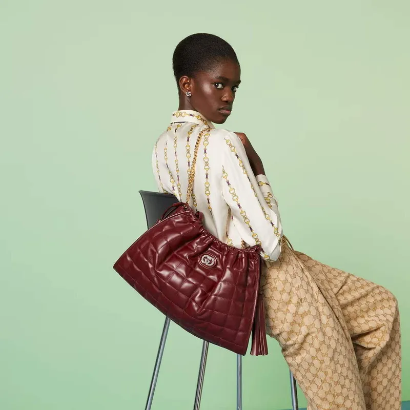 Gucci 746210 Gucci Deco Střední Taška přes Rameno Tmavě Červená Kůže