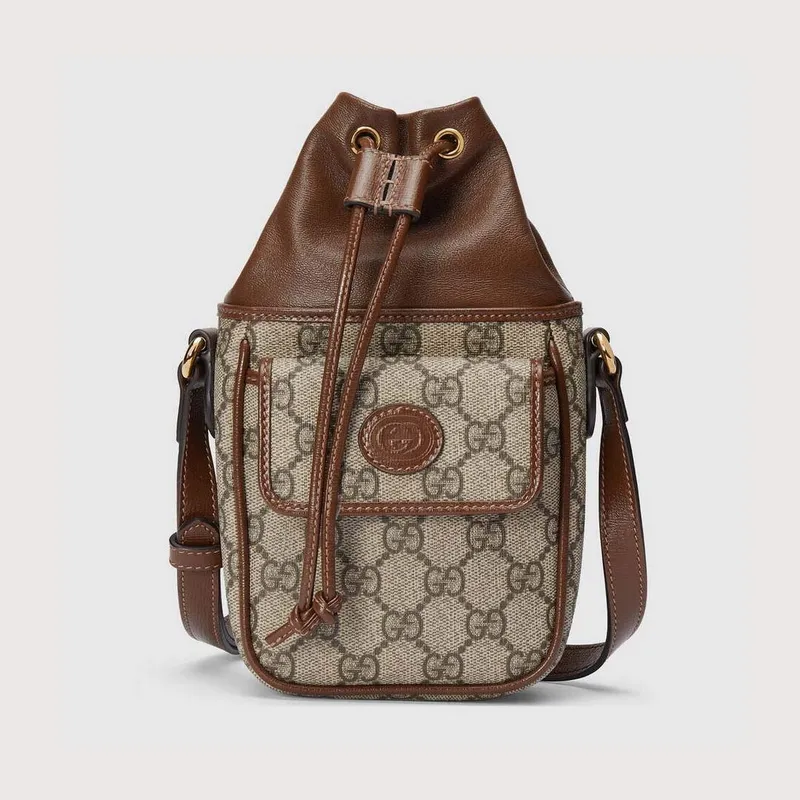 Gucci 746303 GG Mini Bucket Bag s propleteným G béžová a hnědá