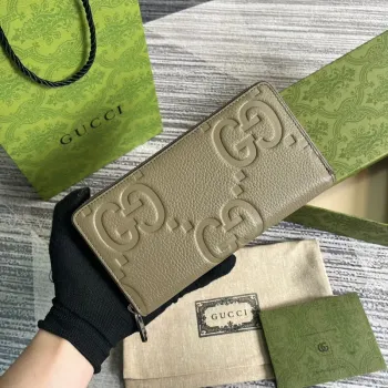 Gucci 739484 Originální šedá kožená Jumbo GG zipová peněženka