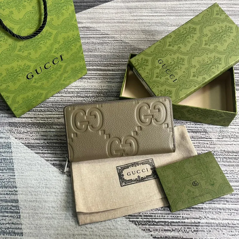 Gucci 739484 Originální šedá kožená Jumbo GG zipová peněženka
