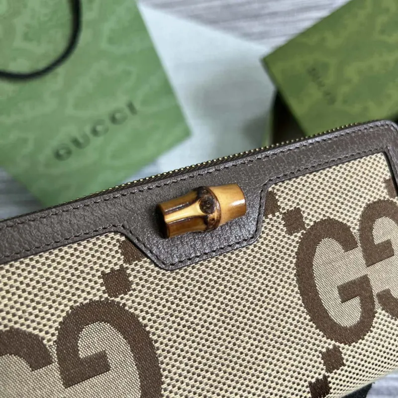 Gucci 658634 Originální hnědá kožená peněženka s bambusovým detailem