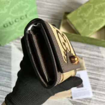 Gucci 658635 Originální hnědá kožená peněženka s bambusovým detailem