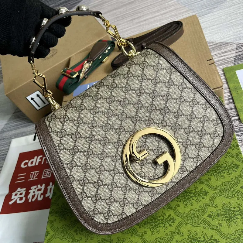 Gucci 721172 Blondie Medium taška s horním uchopem Béžová a ebenová GG Supreme plátno