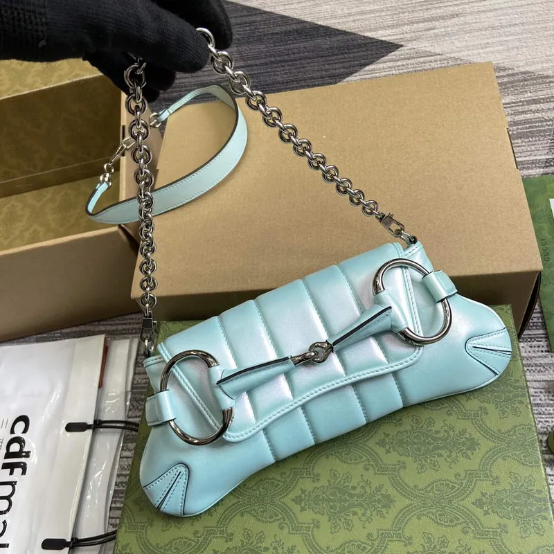 Gucci 764339 Gucci Horsebit Chain Malá Kabelka přes Rameno Symphony modrá