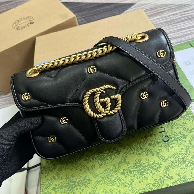 Gucci 443497 GG Marmont Malá Kabelka Přes Rameno Dvojité G Hroty Černá