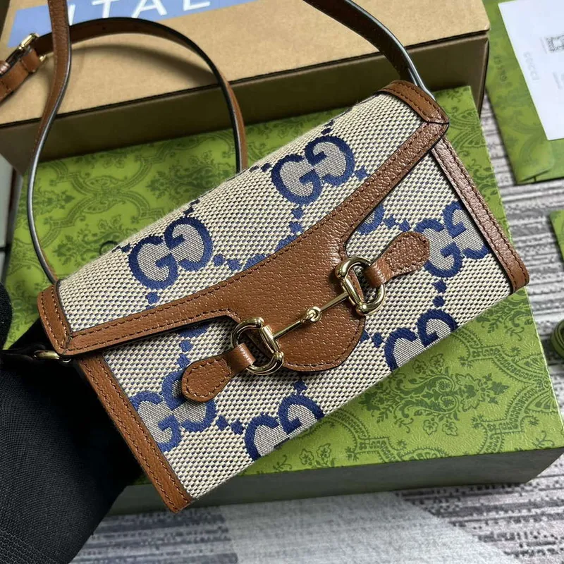 Gucci 699296 Gucci Horsebit 1955 Jumbo GG Mini Taška Modrá velké G