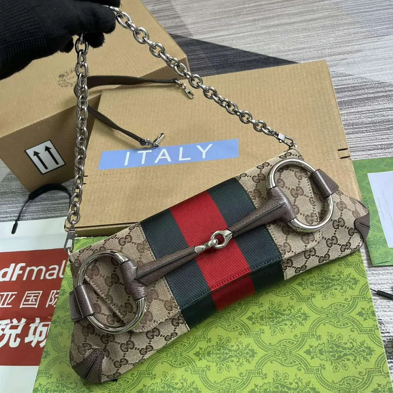 Gucci 764255 Gucci Horsebit Chain Střední Kabelka přes Rameno Hnědá