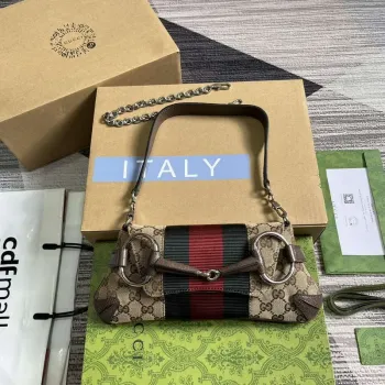 Gucci 764339 Gucci Horsebit Chain Malá Kabelka přes Rameno Hnědá