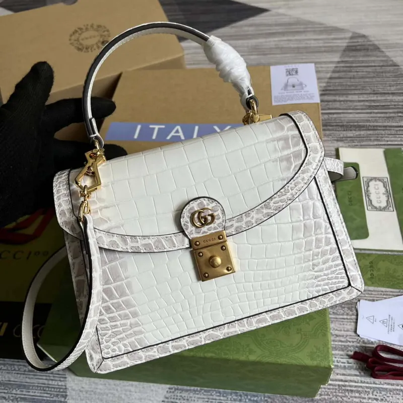Gucci 651055 Ophidia GG malá kabelka s horním uchopem z krokodýlí kůže bílá