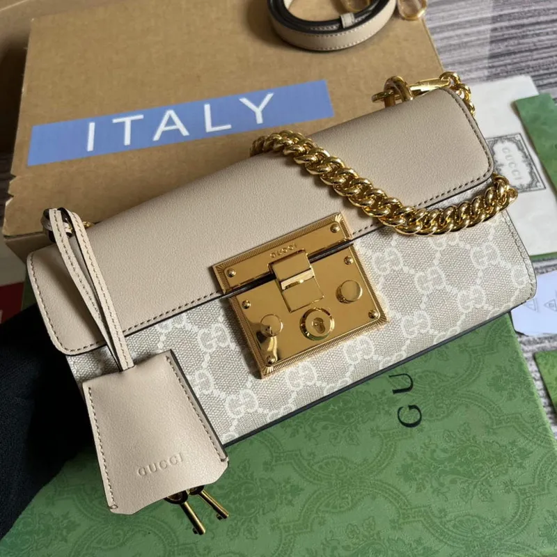 Gucci 735103 Mini ramenní taška s zámkem Béžová