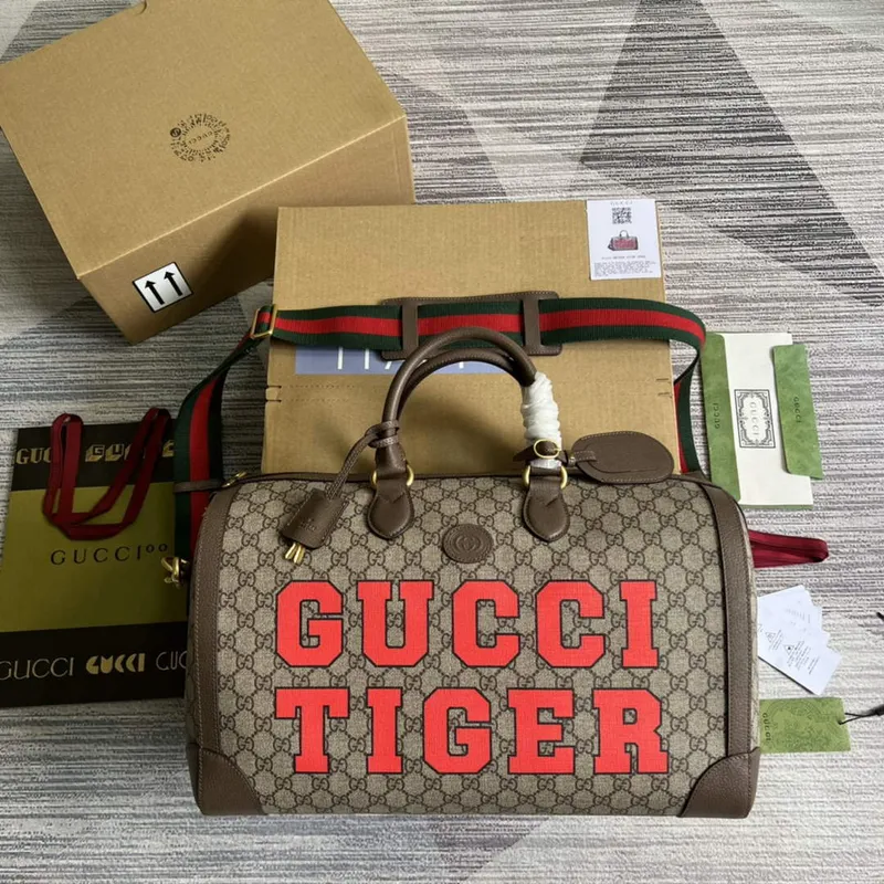 Gucci 687828 Tiger GG Velká cestovní taška Hnědá