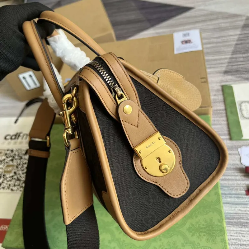 Gucci 715772 Malá plátěná taška s horním uchopem Světle hnědá a černá