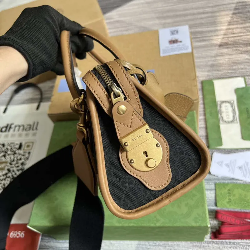 Gucci 715771 Mini plátěná taška s horním uchopem Světle hnědá a černá Originální GG plátno