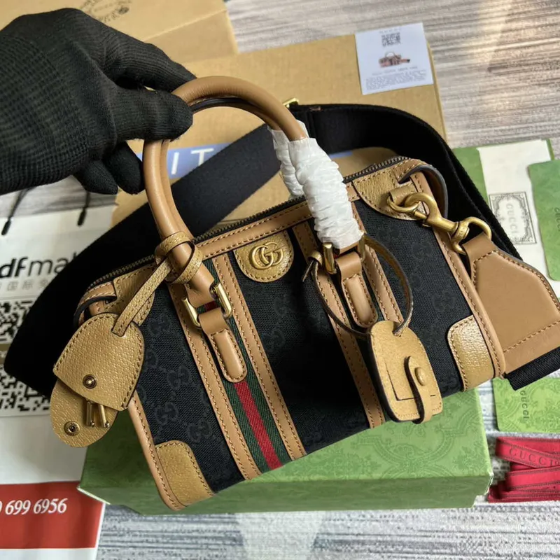 Gucci 715771 Mini plátěná taška s horním uchopem Světle hnědá a černá Originální GG plátno