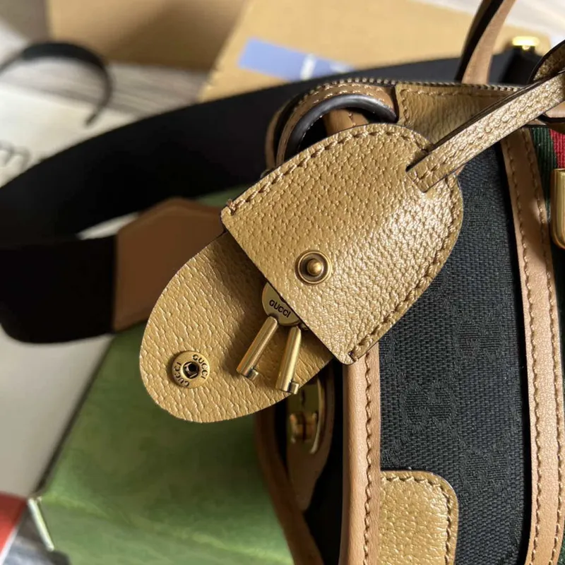 Gucci 715771 Mini plátěná taška s horním uchopem Světle hnědá a černá Originální GG plátno