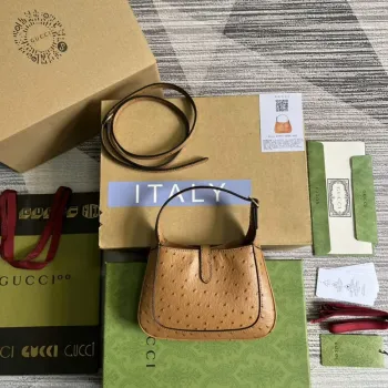 Gucci 637091 Jackie 1961 Mini Kapsa na rameno z pštrosí kůže Hnědá