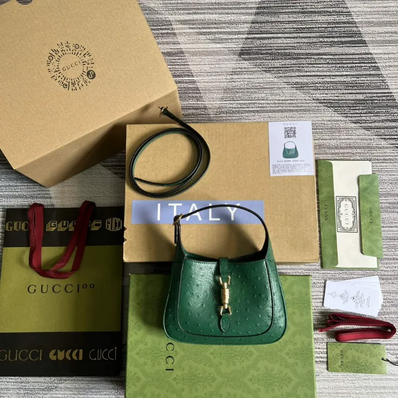 Gucci 637091 Jackie 1961 Mini Kapsa na rameno z pštrosí kůže Zelená