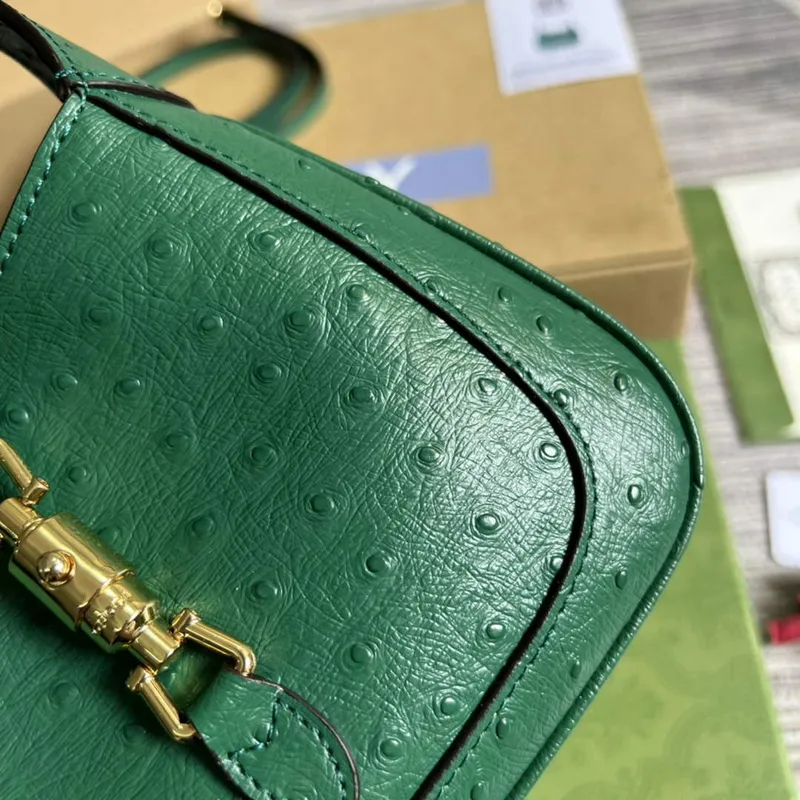 Gucci 637091 Jackie 1961 Mini Kapsa na rameno z pštrosí kůže Zelená