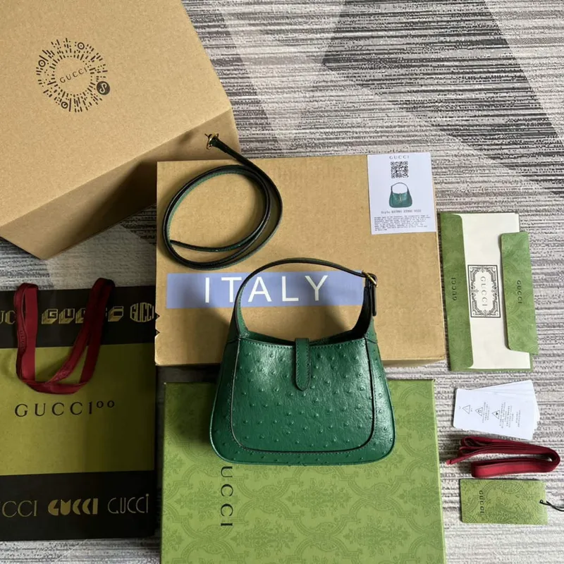 Gucci 637091 Jackie 1961 Mini Kapsa na rameno z pštrosí kůže Zelená